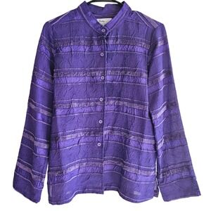 Analogy Purple Crinkle Stripe Button Down‎ Long Sleeve Top Blouse